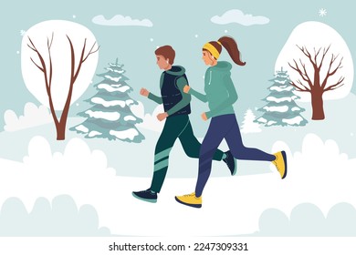 Couple runner running outdoor scene design Running sport, warm clothes runs against background of winter landscape. young girl goes in for sports. vector illustrations. cartoon. running in winter