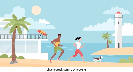 Couple of runners and dog run on beach. Healthy active exercises and workout of people jogging among palm trees, resort and lighthouse on sea shore flat vector illustration. Lifestyle, sport concept