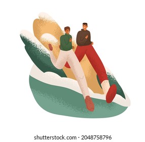 Couple of runners jogging together in winter. Happy joggers, man and woman, running outdoors in cold weather. People training in warm clothes. Flat graphic vector illustration isolated on white