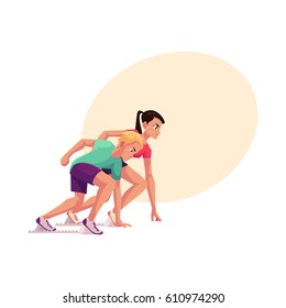 Couple of runners, sprinters ready to start, standing on running blocks, race, competition concept, cartoon vector illustration with place for text. Male and female runners at starting point