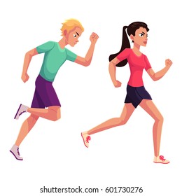 Couple of runners, sprinters running, race, competition, healthy lifestyle concept, cartoon vector illustration isolated on white background. 