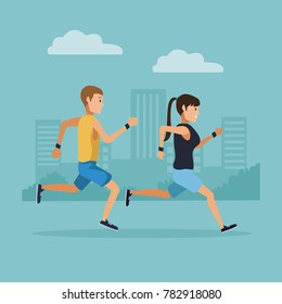 Couple running in the city