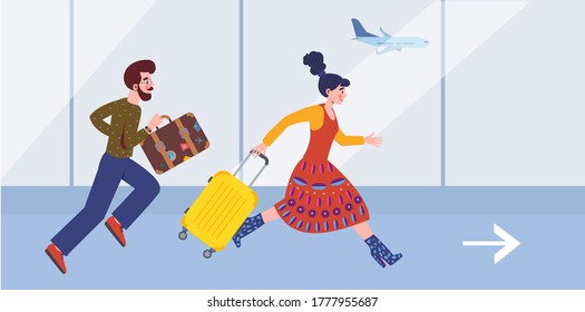 Couple running to flight at airport terminal. Happy tourists in a hurry on summer vacation. Planning time before travel.