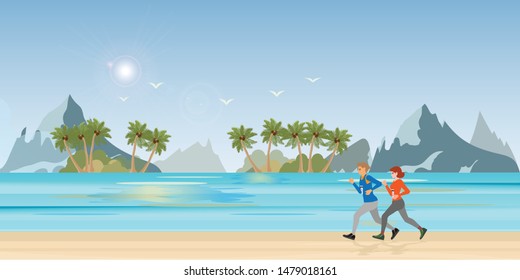 Couple running on beach landscape background. Summer vacation. healty lifestyle cartoon Vector illustration.