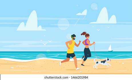 Couple running on beach in summer vector illustration. Walking pet dog, puppy on ocean shore cartoon concept . Married couple keeping fit, having healthy lifestyle. Working out with spouse