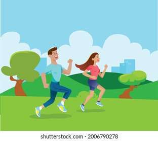 Couple running on the park. Mand and Woman exercising together