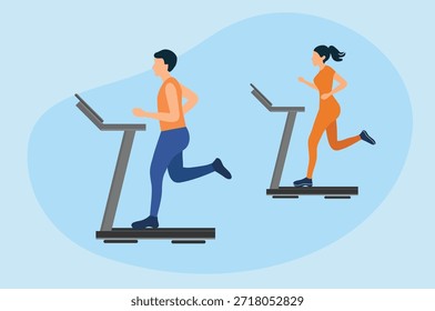 couple running on treadmill vector illustration. Exercise to lose weight concept
