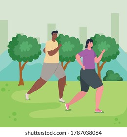 couple running outdoor, woman and man in sportswear jogging in the park vector illustration design