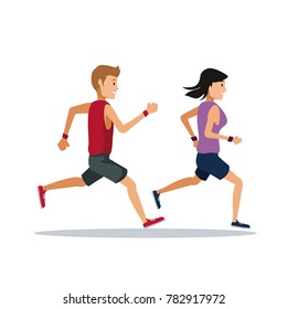 Couple running over white background