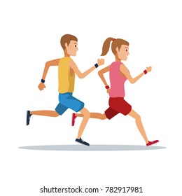 Couple running over white background