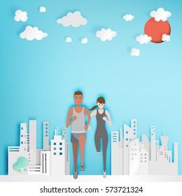 Couple running with paper city background vector illustration