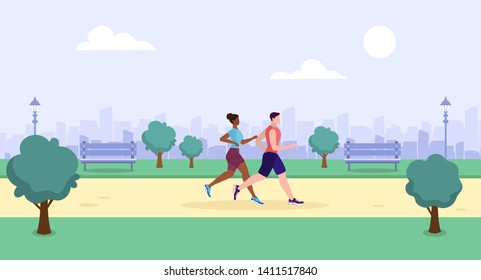 Couple running in the park. Sport people. Outdoor summer activity. Vector