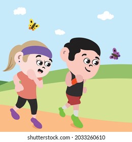 Couple Running in Park to stay healthy. Fitness Freak Jogging Girl and Boy. Public Park on Summer Day with Butterflies.