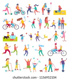 Couple running and riding bike isolated icons set. Butterfly cathing, working in park, walking dog, eating ice cream. People playing tennis vector