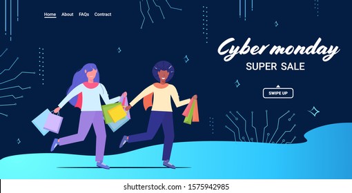 couple running with shopping bags cyber monday big sale concept christmas new year holidays discount mix race man woman shoppers with purchases full length horizontal vector illustration