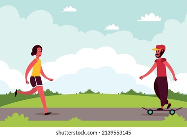 couple running and skating car free day