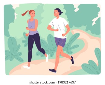 Couple Running Through The Park. A Group Of Young People Jogging Outdoors