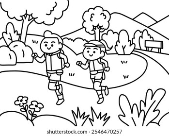 Couple running trail coloring pages style.