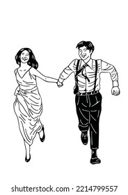 couple running young couple lifestyle hand drawn art illustration