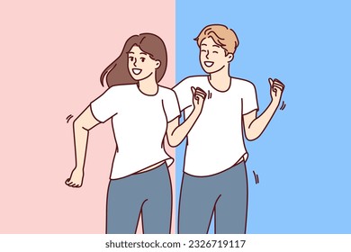 Couple runs and plays sports or fitness together to maintain good health or have strong immunity. Man and woman runs with smile and rejoice at opportunity to lead healthy lifestyle.