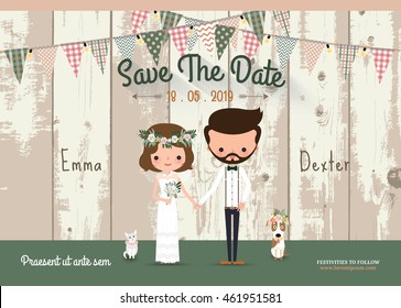 Couple rustic wedding invitation card and save the date with wood background
