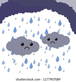 Couple of sad blue soft cloud with smile face. Rainy autumn weather. Drops are dripping down from the sky. The emotions of nature.
