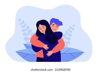 Couple of sad people hugging to support each other in grief. Man comforting depressed crying woman flat vector illustration. Relationship, help concept for banner, website design or landing web page