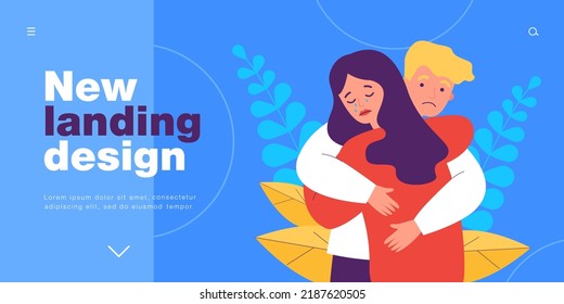 Couple Of Sad People Hugging To Support Each Other In Grief. Man Comforting Depressed Crying Woman Flat Vector Illustration. Relationship, Help Concept For Banner, Website Design Or Landing Web Page