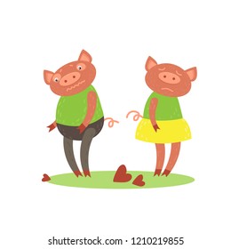 Couple of sad piglets on white background. Pig Chinese zodiac symbol of the year.  Design element for leaflets or posters.