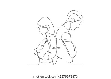 A couple sadly separates. Breakup one-line drawing