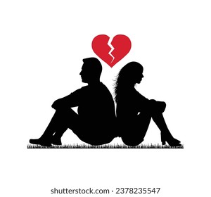 A couple in sadness, sitting back to back on a grass field, with a broken heart vector between them