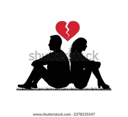 A couple in sadness, sitting back to back on a grass field, with a broken heart vector between them