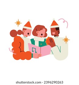 Couple in Santa Claus hats reading a book. Vector illustration.