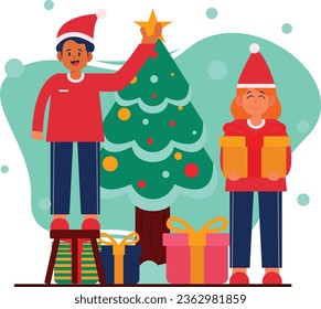 Couple in Santa hats decorating Christmas tree. Merry Christmas and Happy New Year vector illustration