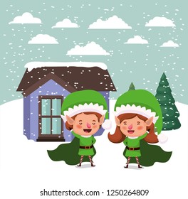 couple santa helpers in snowscape