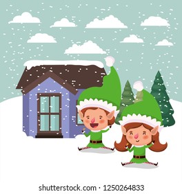 couple santa helpers in snowscape