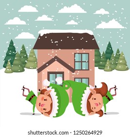 couple santa helpers in snowscape