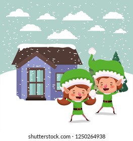 couple santa helpers in snowscape