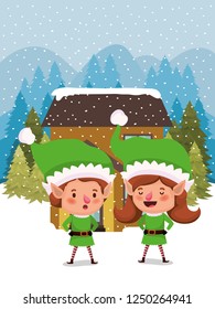 couple santa helpers in snowscape