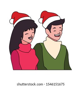 Couple with santas hat design, Merry christmas season decoration card invitation celebration and holiday theme Vector illustration