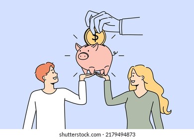 Couple Saving Money In Piggy Bank Care About Future Investments. Young Family Manage Finances In Piggybank. Financial Stability And Banking. Vector Illustration. 