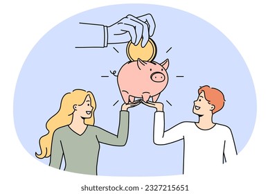 Couple saving money in piggy bank care about future investments. Young family manage finances in piggybank. Financial stability and banking. Vector illustration.