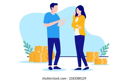 Couple savings and finances - Man and woman planning and discussing economy in front of money. Flat design vector illustration with white background