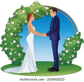 Couple saying vows in romantic outdoors wedding ceremony in front of an arch altar. Vector Illustration