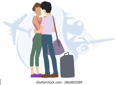 Couple says goodbye before parting. Sweethearts in airport. Illustration for internet and mobile website. 