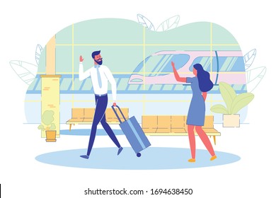 Couple says Goodbye on Railway Station Platform Background. Man Cartoon Character Hurries on Train and his Girlfriend. Business Trips and Travel with Tourist Purposes. Flat Vector Illustration.