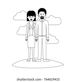 couple scene outdoor and her with blouse and jacket and skirt and heel shoes with mushroom hairstyle and him with shirt and tie and pants and shoes with short hair and goatee beard in black dotted