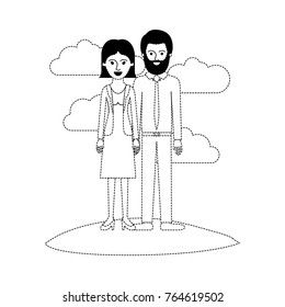 couple scene outdoor and her with blouse and jacket and skirt and heel shoes with short straight hairstyle and him with shirt and tie and pants and shoes with short hair and bearded in black dotted