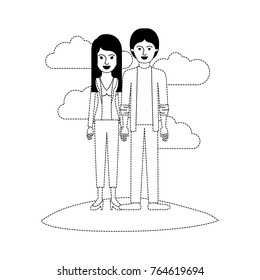 couple scene outdoor and her with blouse and jacket and pants and heel shoes with layered hair and him with shirt and jacket and pants and shoes with middle part hairstyle in black dotted silhouette
