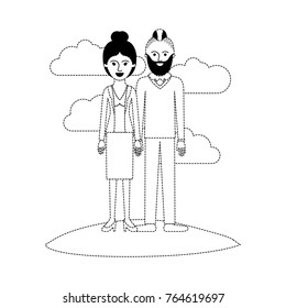 couple scene outdoor and her with blouse and jacket and skirt and heel shoes with collected hair and him with beard and sweater and pants and shoes with taper fade haircut in black dotted silhouette